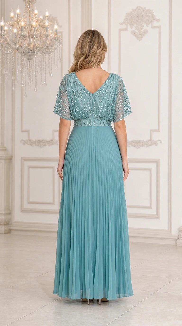 Back view of teal blue V-neck sequin pleated evening gown