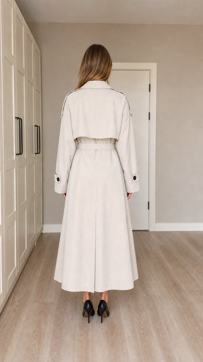 Back full-length view of woman wearing Cream double-breasted maxi trench coat showing storm flap