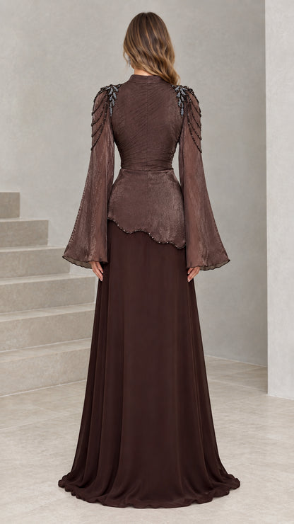 Back view of Chocolate Brown floor-length formal evening gown with bell sleeves