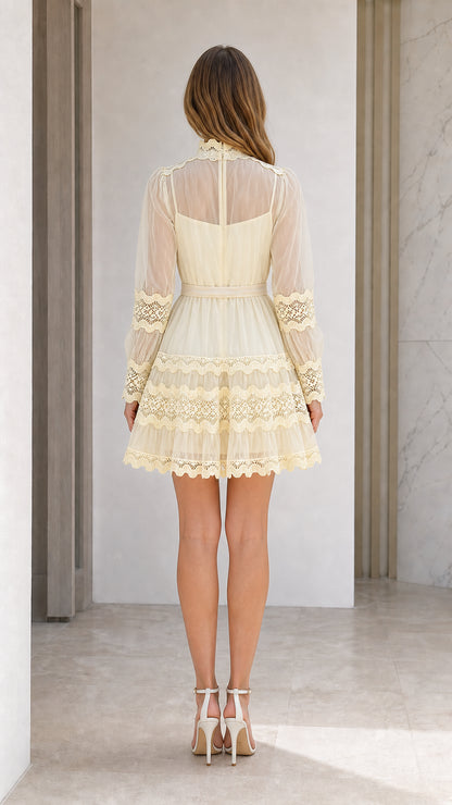 Back view of model wearing pale yellow long sleeve lace mini dress