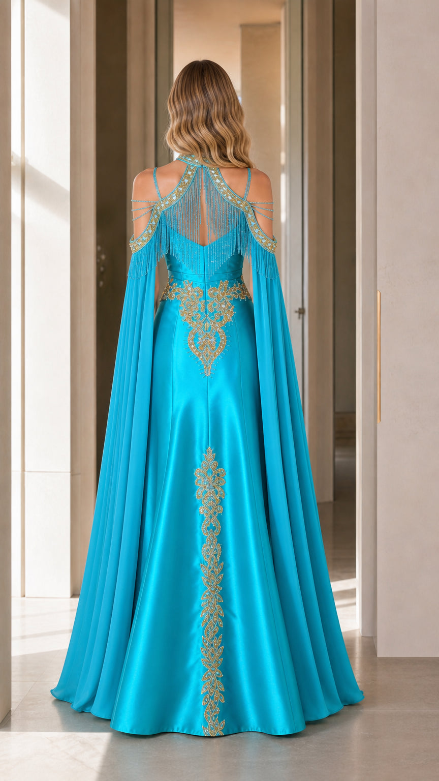 Back view of aqua blue halter gown highlighting beaded fringe and cape back