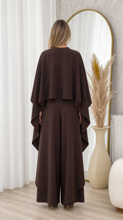 Full back view of chocolate brown two-piece cape top and palazzo trousers ensemble