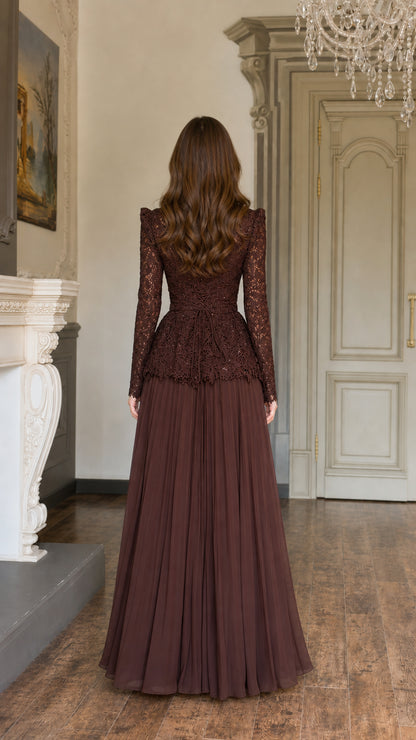 Back view of model wearing Chocolate Brown long sleeve lace peplum formal dress