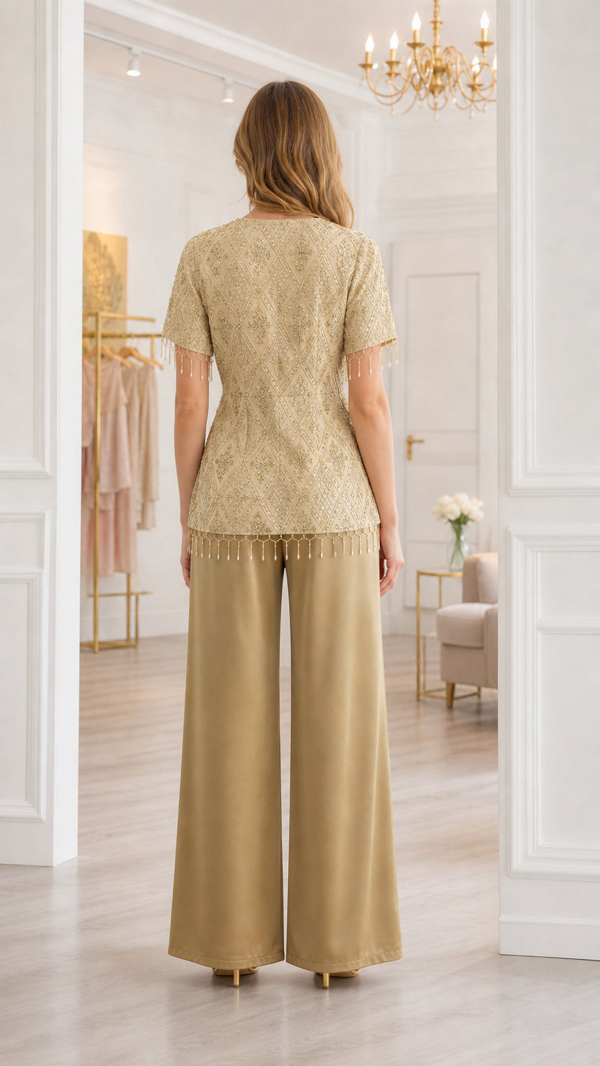 Back view of model wearing champagne gold short-sleeve embroidered top and wide-leg pants