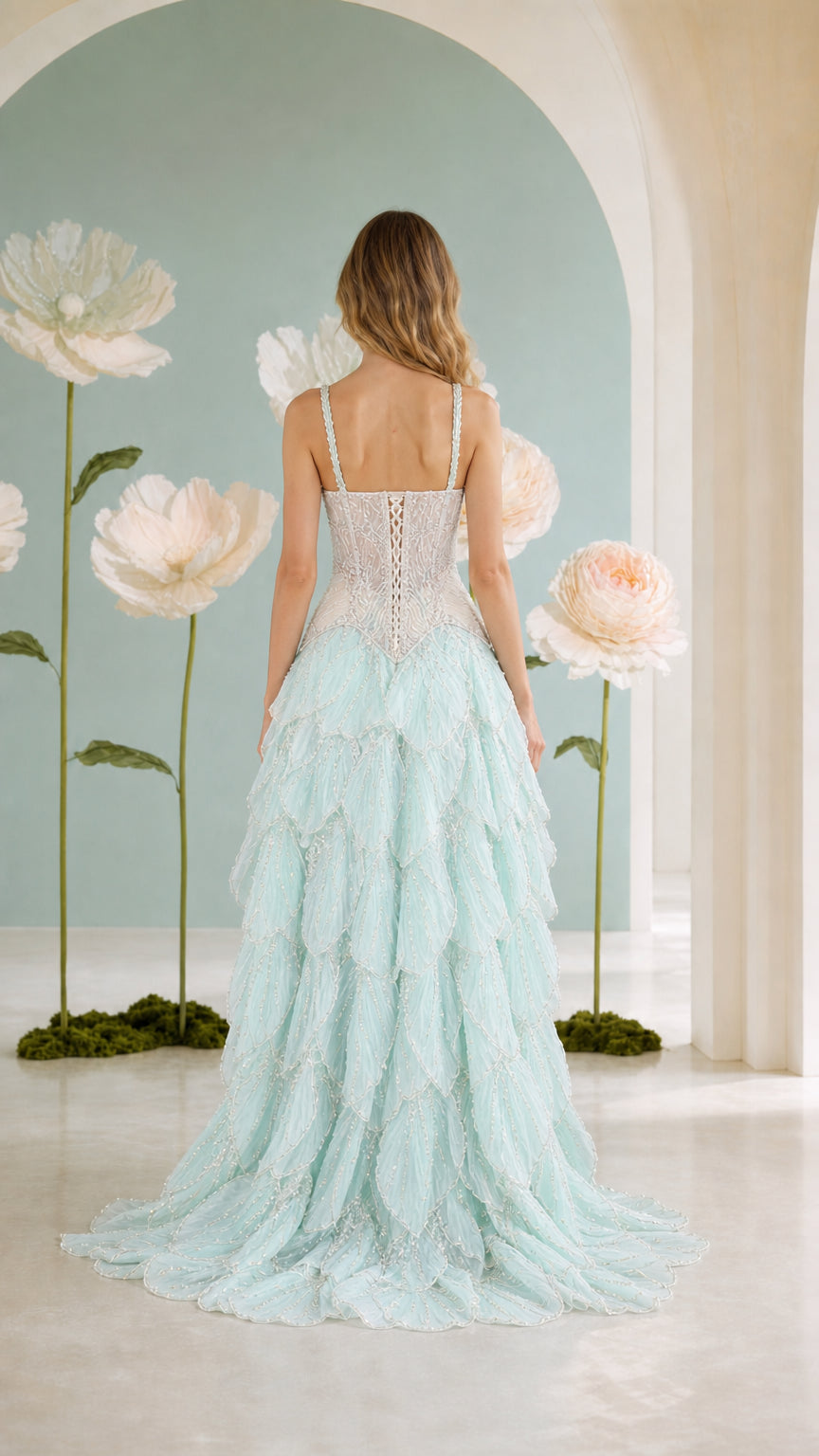 Back view of mint green corset evening gown with lace-up detail and train