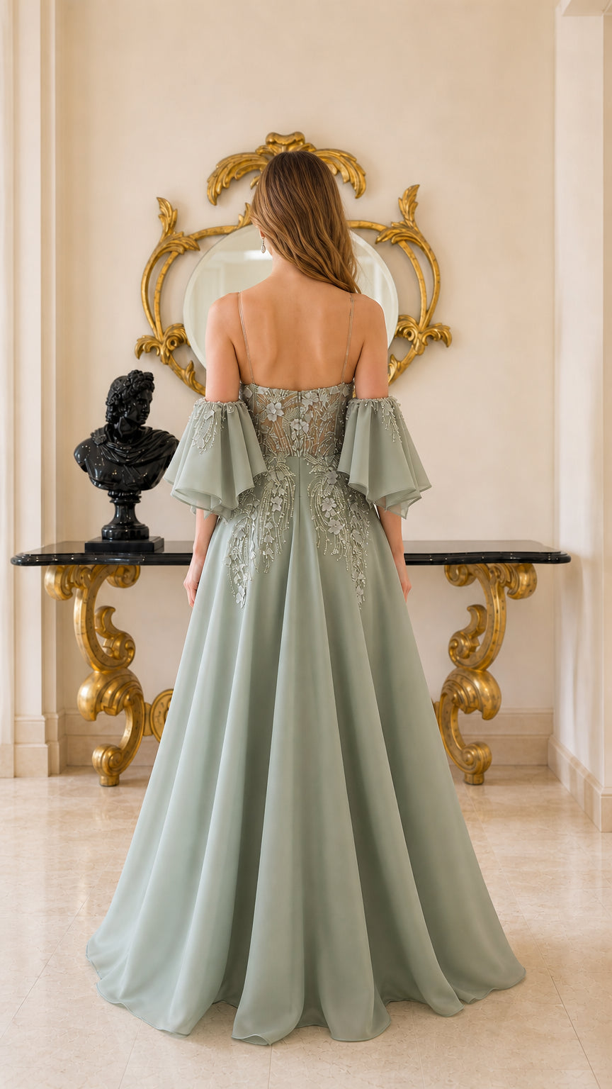 Sage Green evening dress with sheer back and fluted bell sleeves - back view