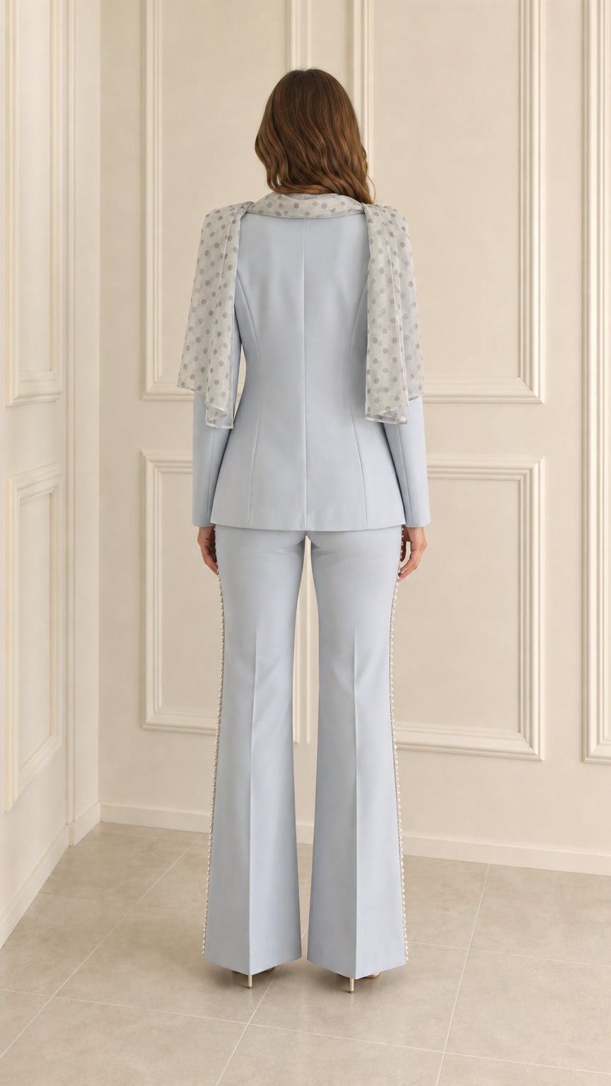 Light Blue pearl trimmed blazer and flared pantsuit back view