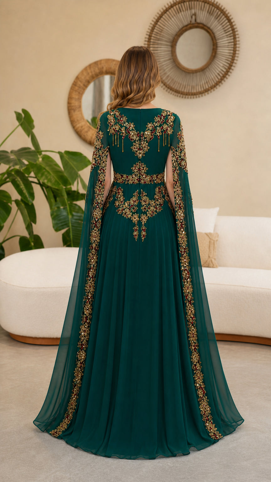 Back view of model showing embroidery details on Emerald Green cape gown