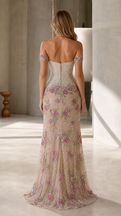 Back view of model in Champagne off-the-shoulder sequin evening dress with floor-length train