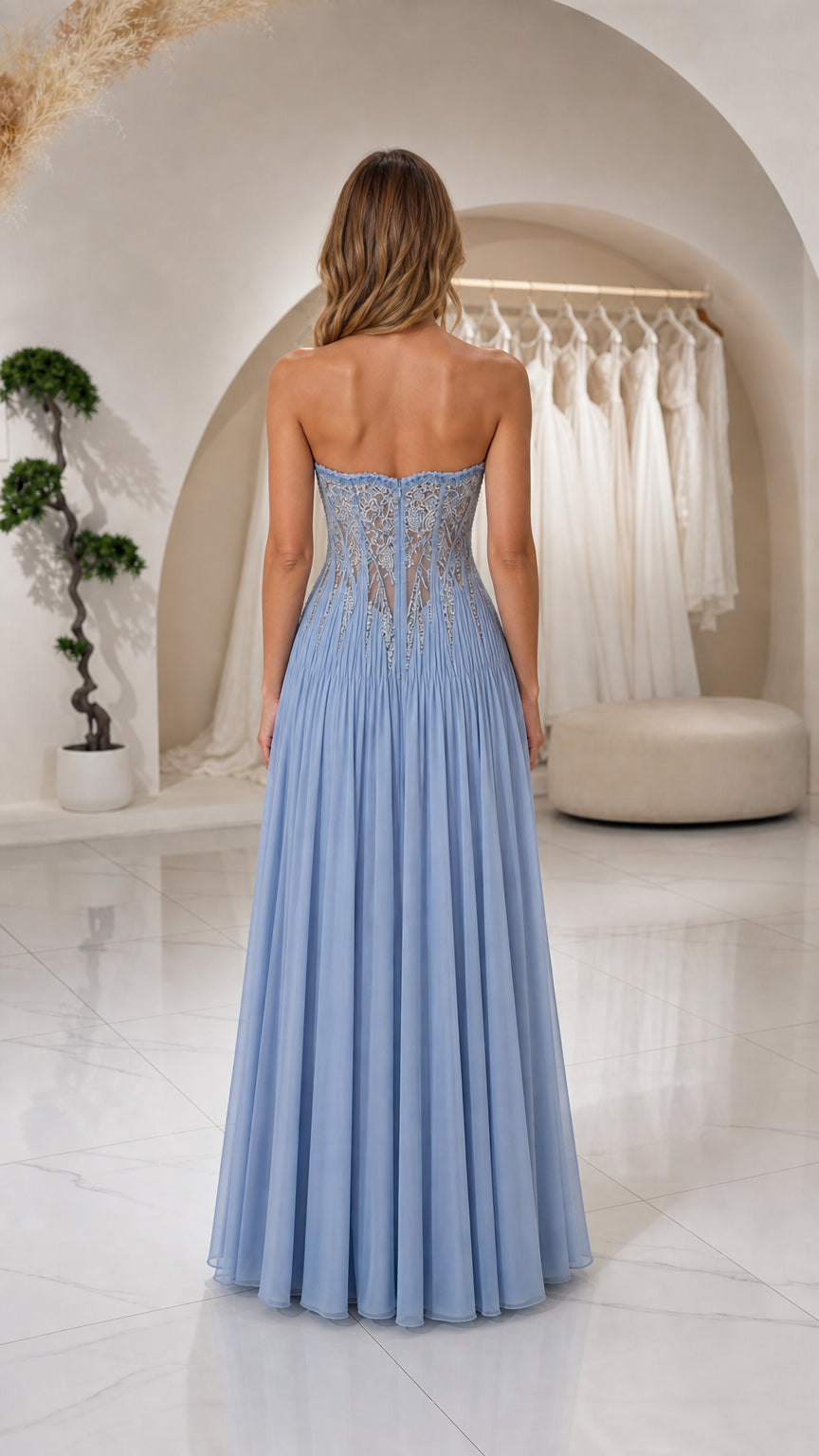 Back view of Light Blue strapless evening gown showing low back and beaded corset detail
