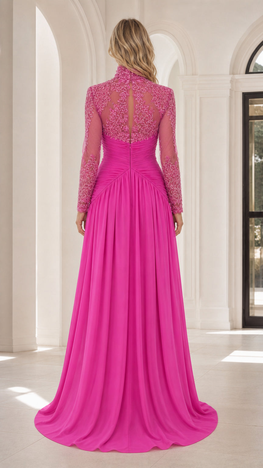 Back view of fuchsia pink evening gown featuring illusion mesh back and cascading skirt