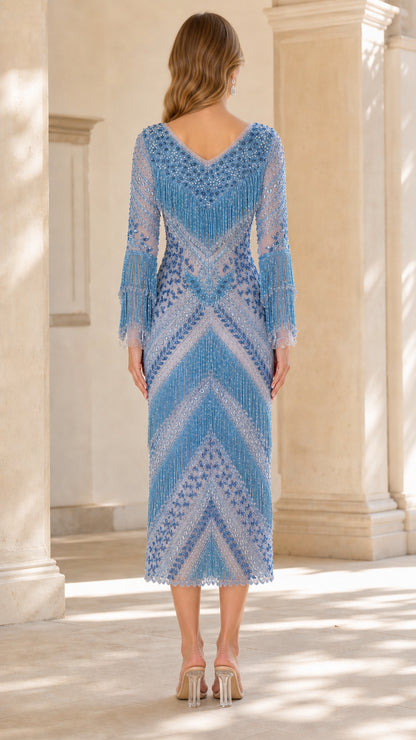 Back view of Light Blue V-back beaded fringe midi gown