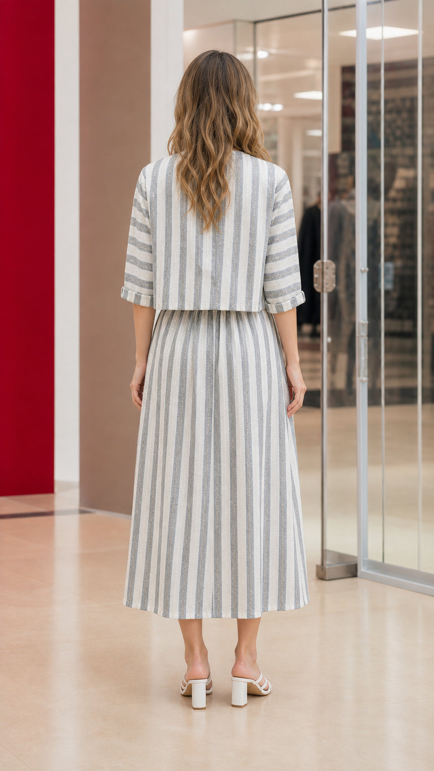 Back view of woman wearing striped A-line dress with cropped cardigan jacket