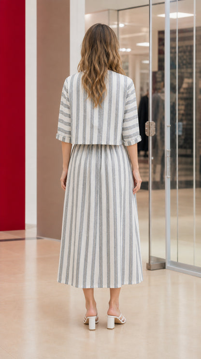 Back view of woman wearing striped A-line dress with cropped cardigan jacket