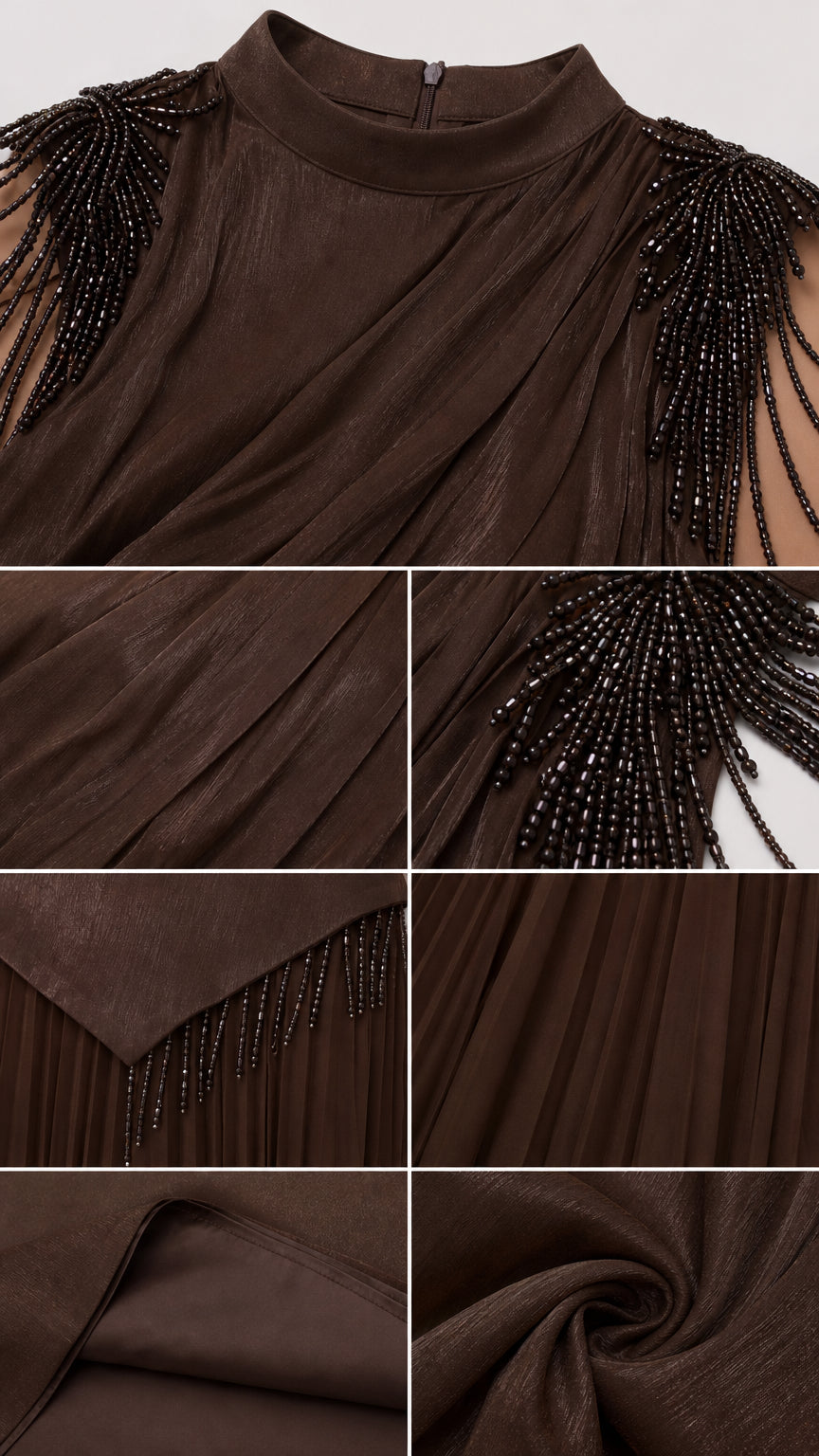 Fabric and Beaded Shoulder Fringe Details of Chocolate Brown Evening Dress