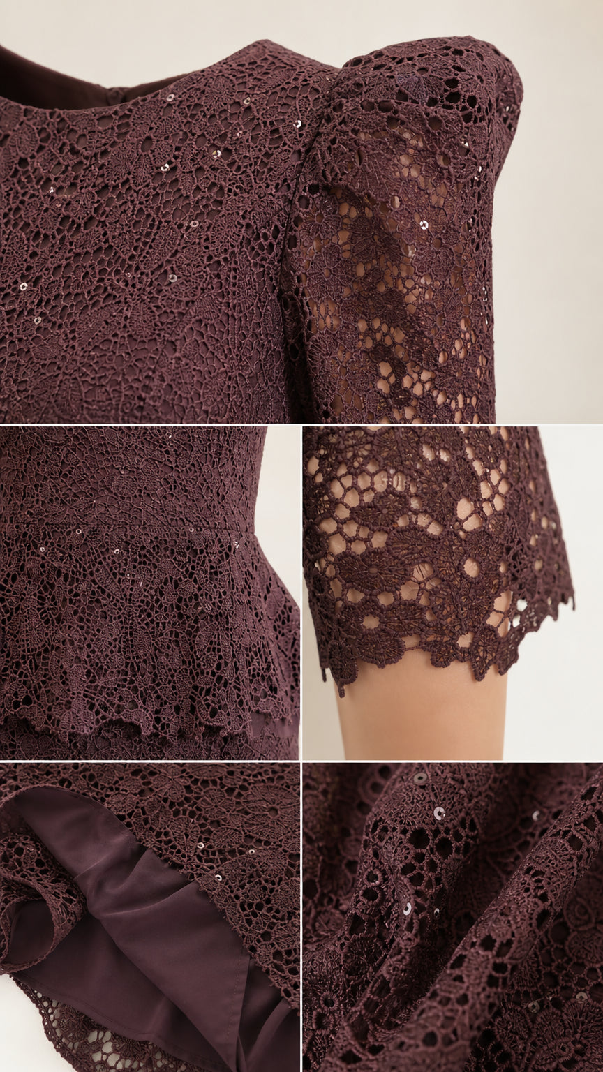 Close-up details of intricate floral lace, puffed shoulders, scalloped waist peplum, and soft inner lining