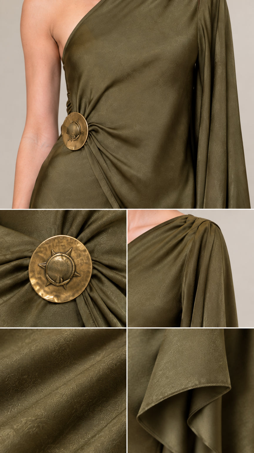 Close-up details of gold sunburst medallion buckle, gathered fabric, and satin texture