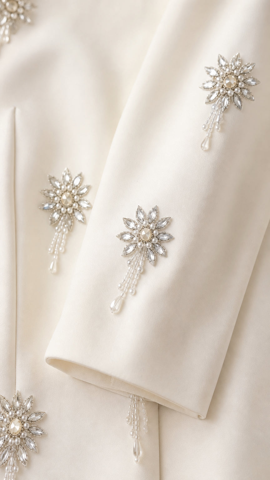 Close-up detail of rhinestone and pearl starburst embellishments on sleeve