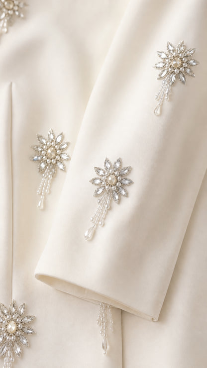 Close-up detail of rhinestone and pearl starburst embellishments on sleeve