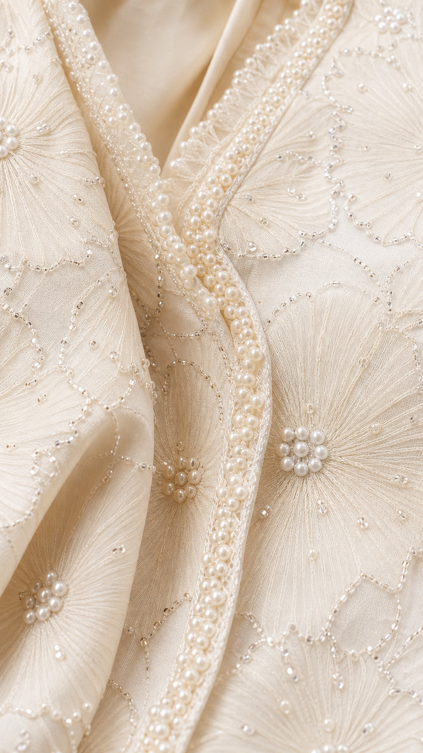 Close-up detail of cream embroidered floral lace and pearl trim border