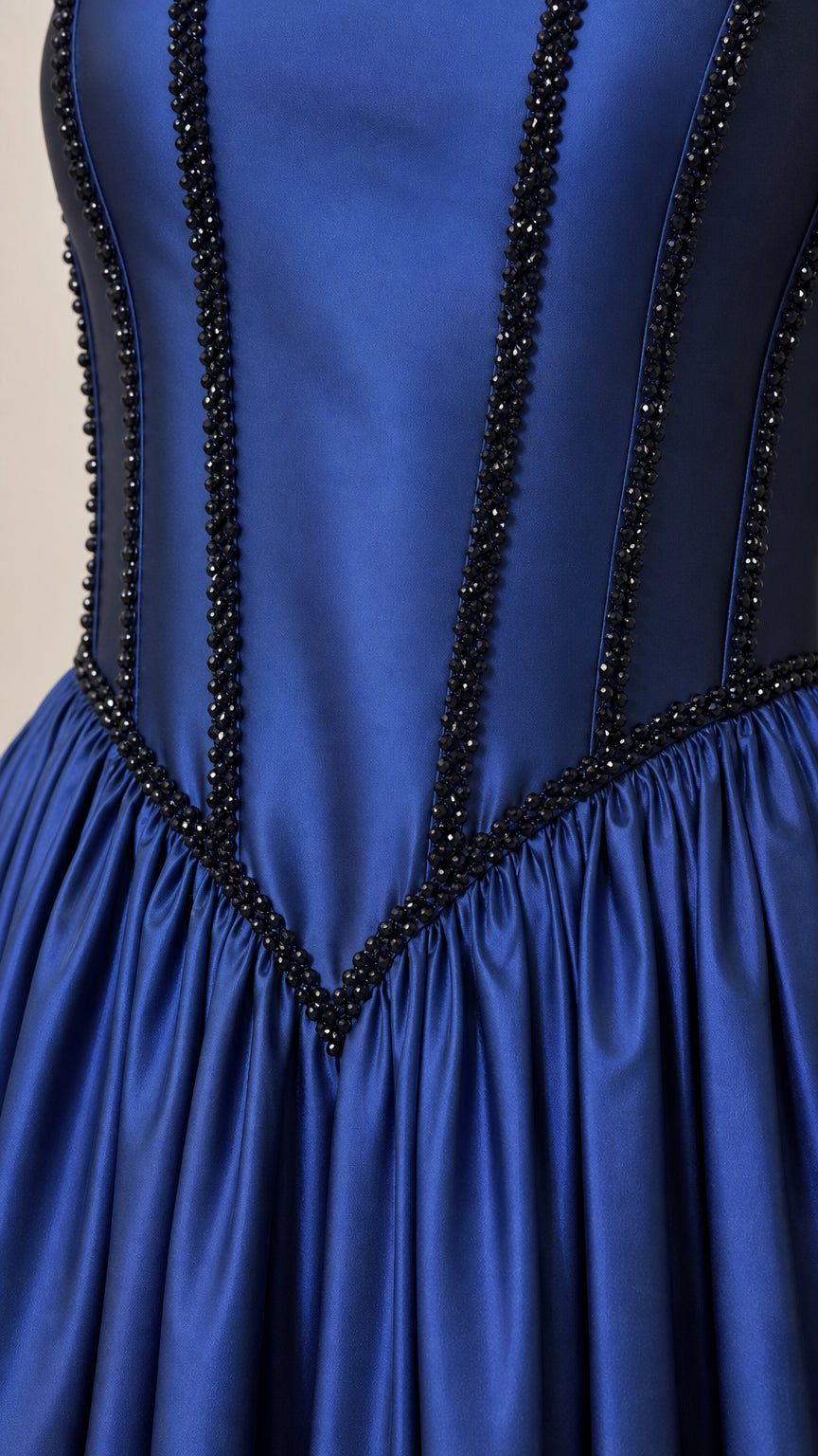 Close-up detail of beaded boning on corset bodice in Royal Blue