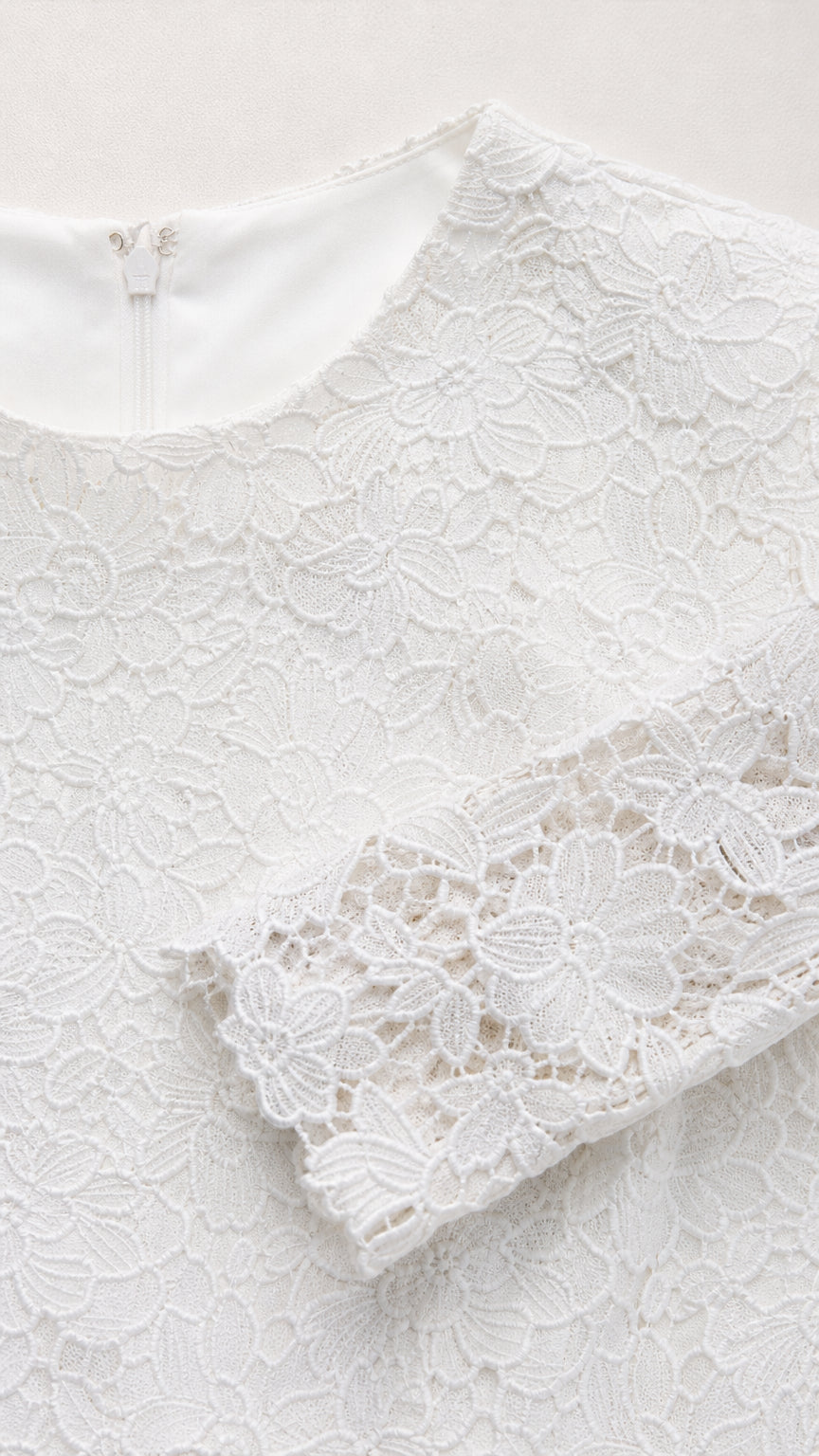 Close-up detail of white floral lace neckline and sleeve cuff