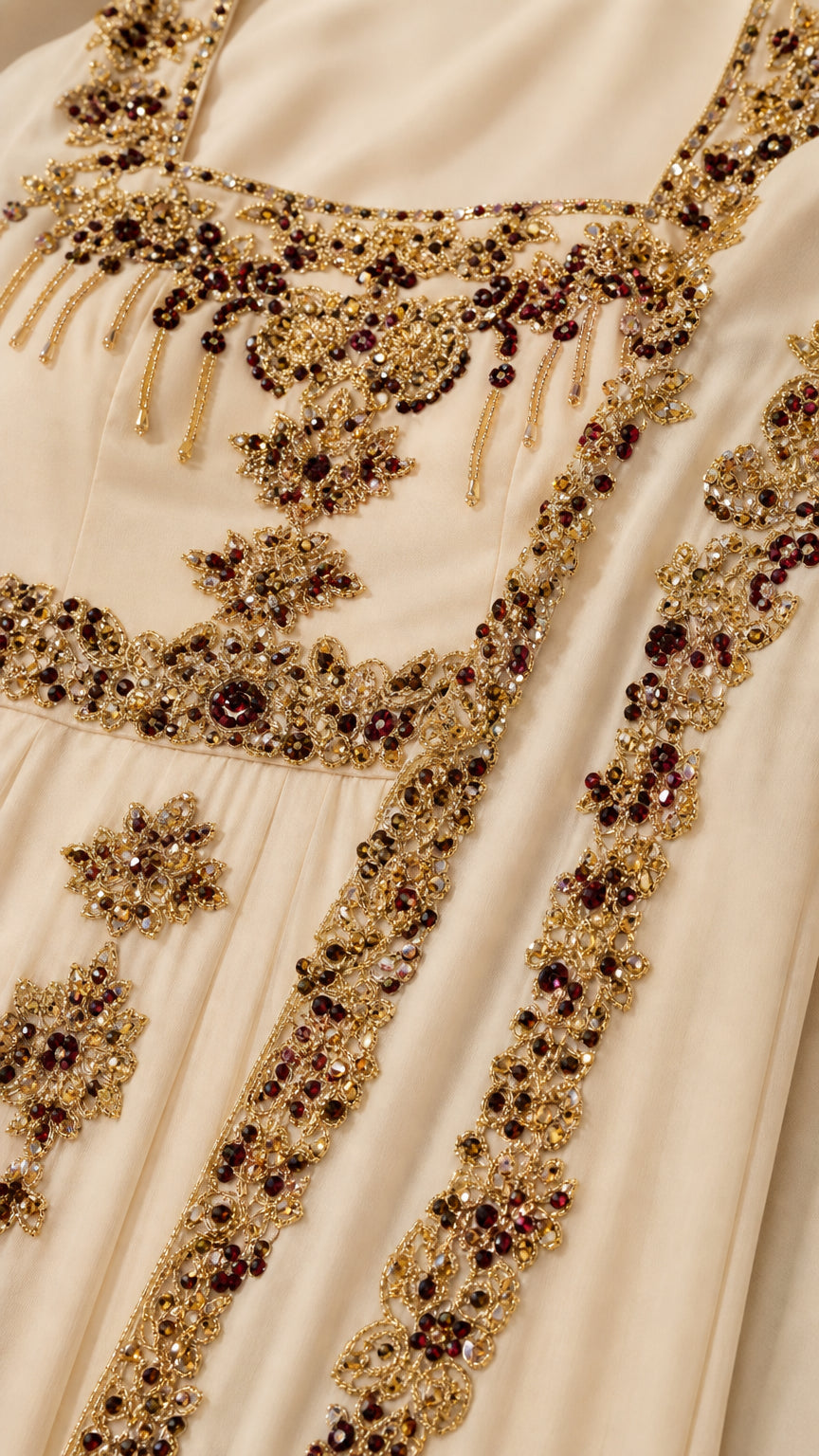 Close-up detail of metallic embroidery, beads, and gems on evening gown