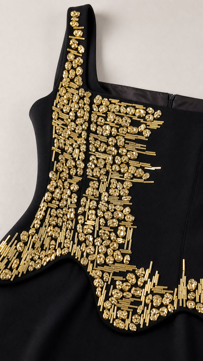 Close-up detail of ornate gold bugle beading on black dress bodice