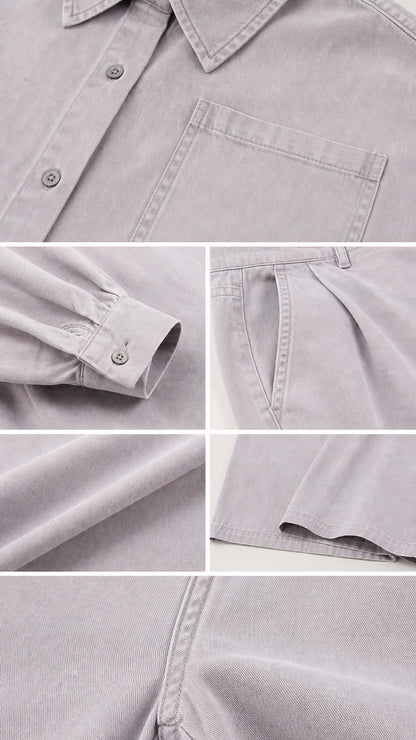 Close-up detail collage showing collar, chest pocket, sleeve cuff, pleats, and fabric texture