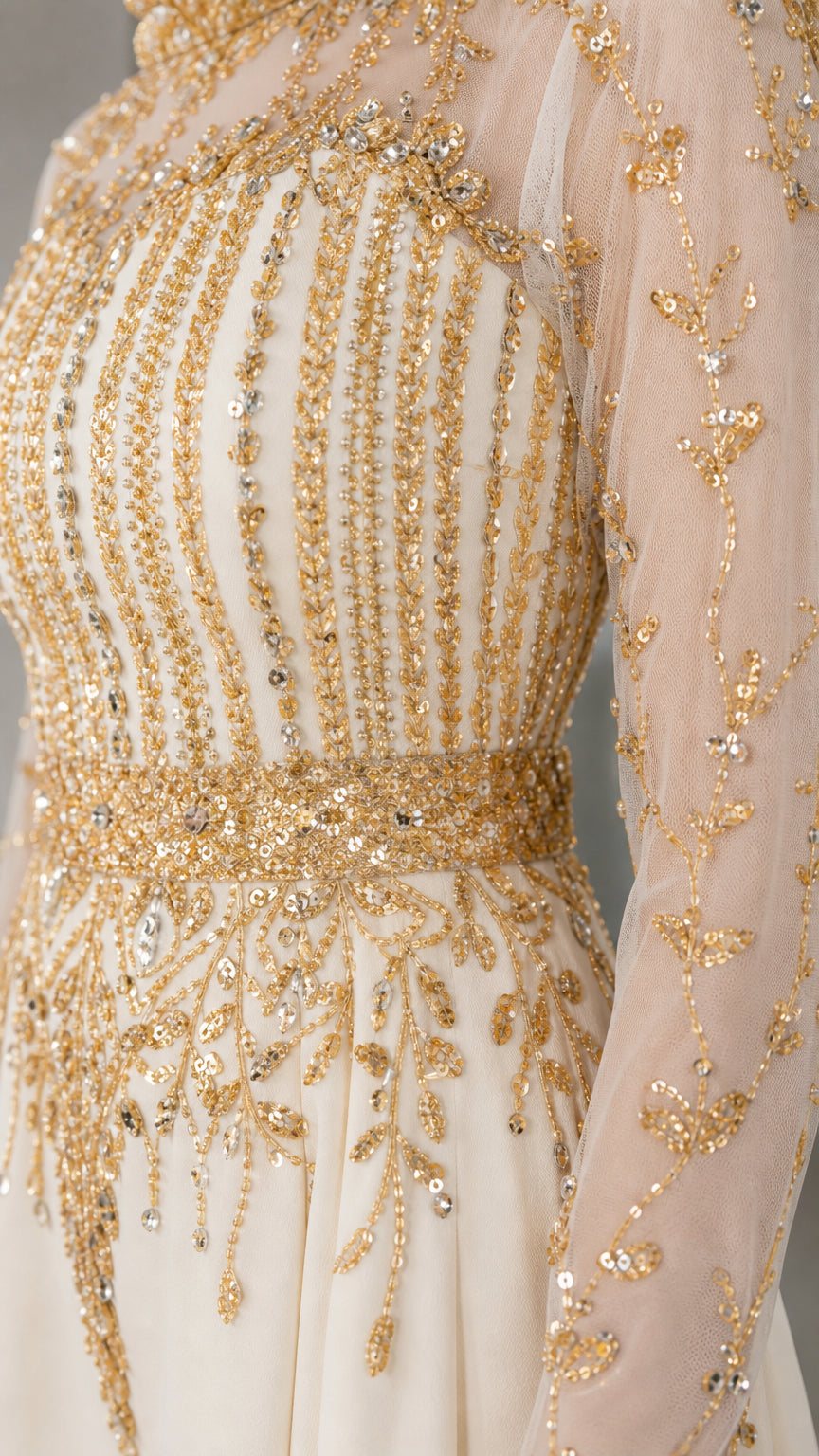 Close-up detail of intricate gold sequin and bead embroidery on ivory sheer bodice
