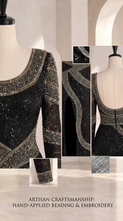 Close-up craftsmanship details of beadwork, neckline, and cuffs on evening dress