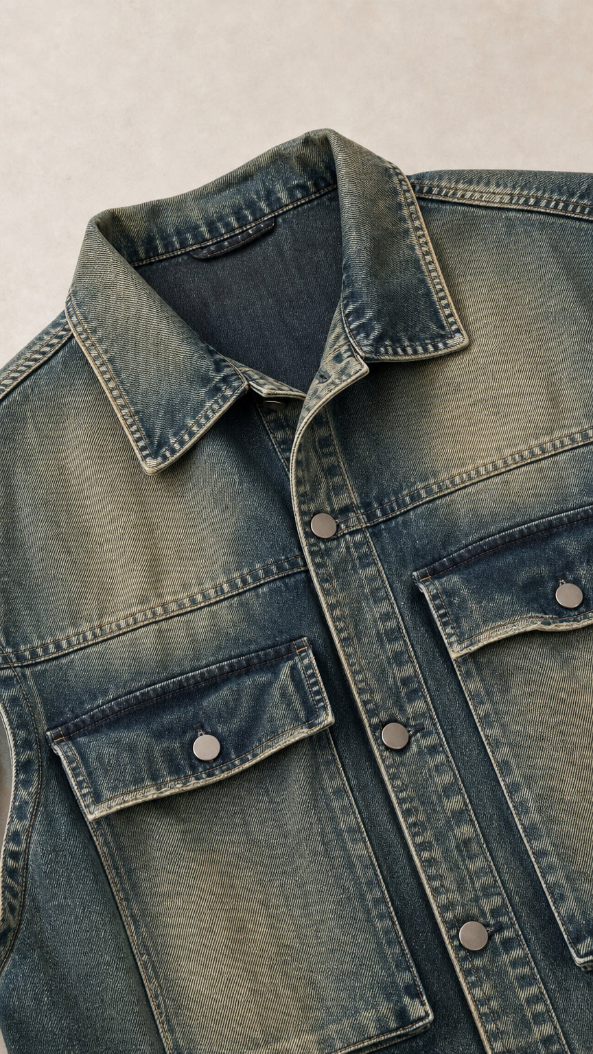 Close-up detail of collar, metal buttons, and vintage washed denim texture