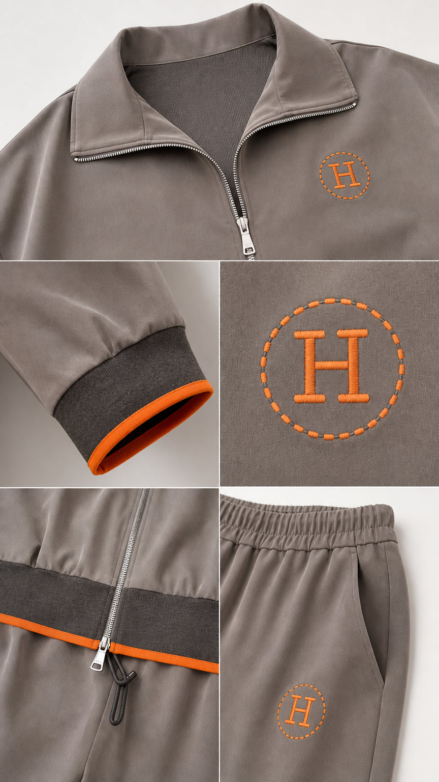 Close-up details of collar zipper, contrast sleeve cuff, embroidered monogram logo, and elastic waistband