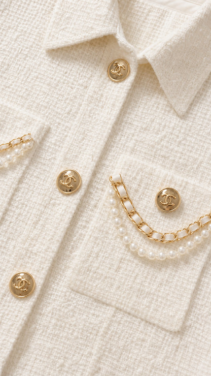 Close-up detail of cream tweed fabric with gold-tone buttons and pearl chain pocket accents