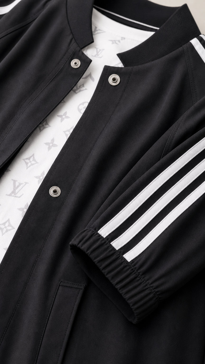 Close-up detail of black bomber collar, snap button closure, and striped cuffs
