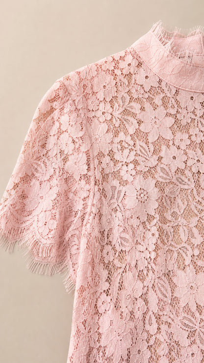 Close-up detail of Blush Pink floral lace bodice and scalloped sleeve hem