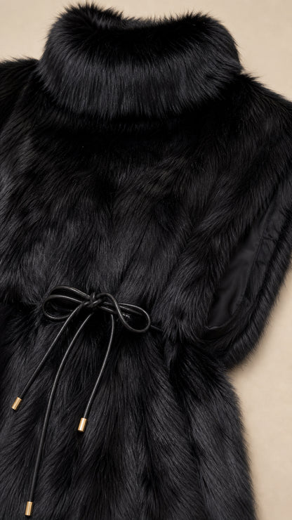Close-up detail of plush black faux fur texture, high collar, and front tie with metal aglets