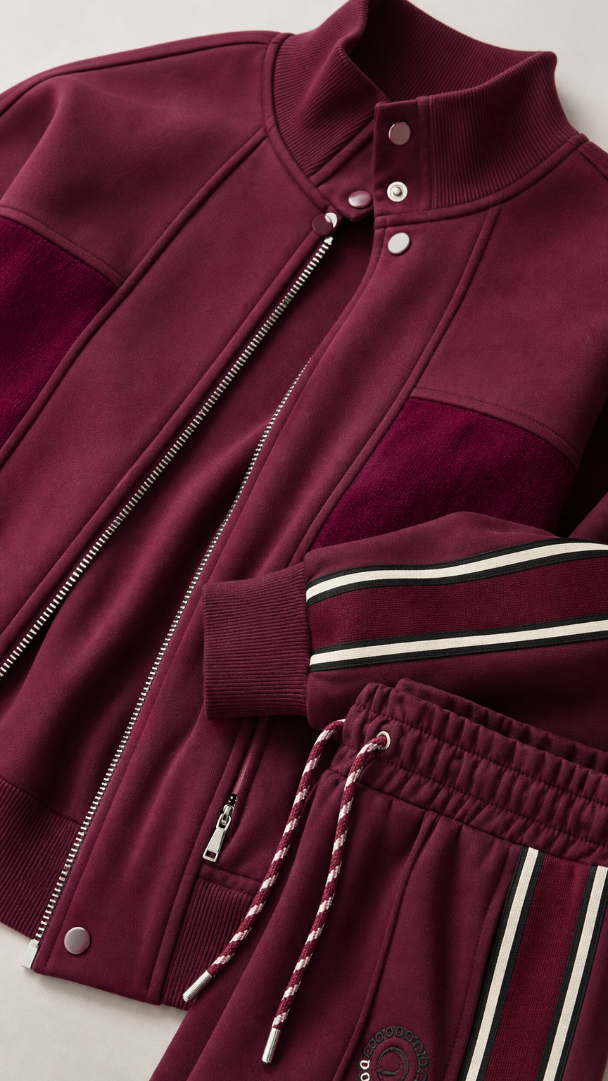 Close-up detail of burgundy tracksuit jacket zipper, ribbed cuffs, and drawstring waistband
