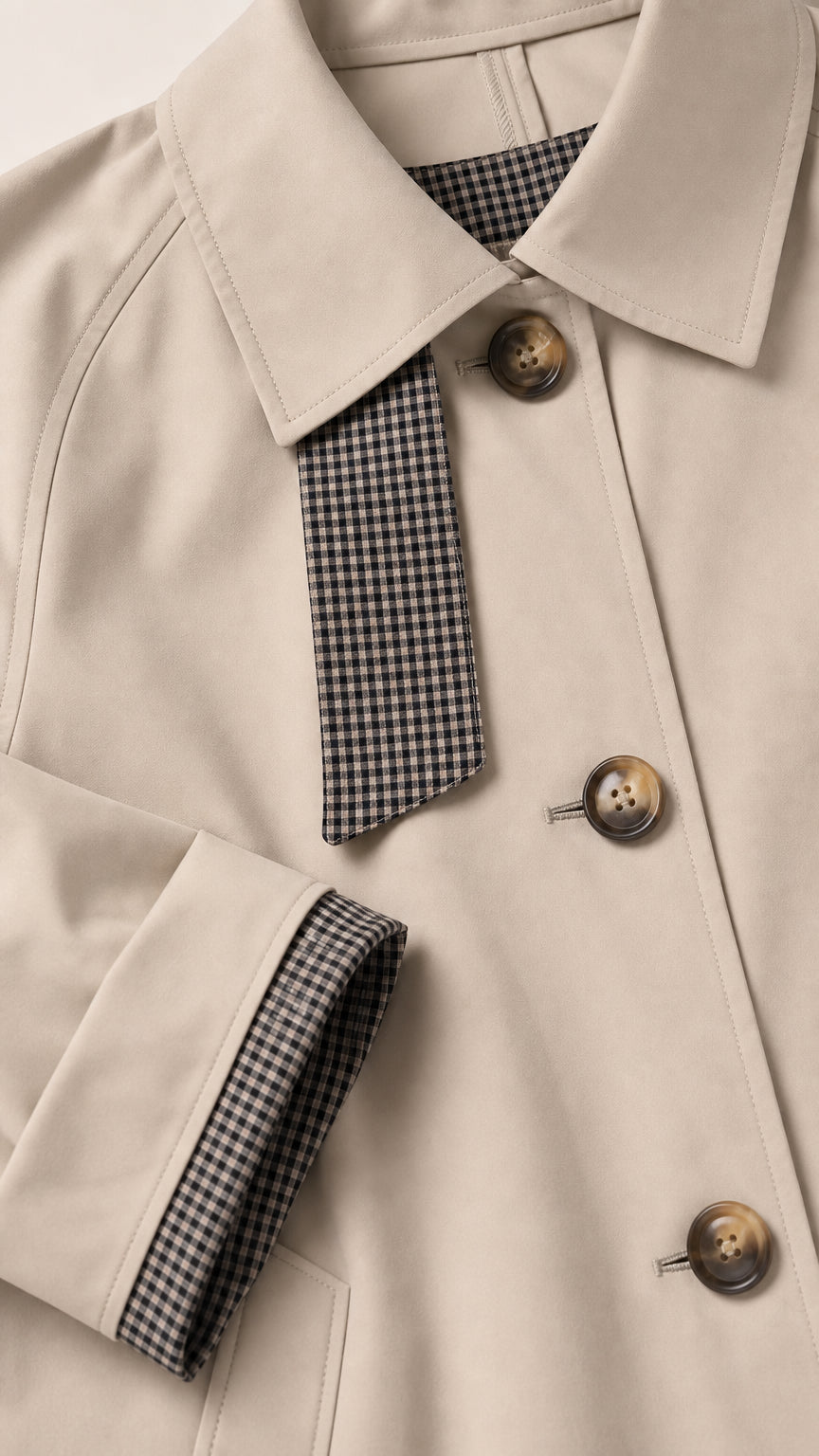 Close-up detail of collar houndstooth tab and check-lined turned cuffs on beige jacket