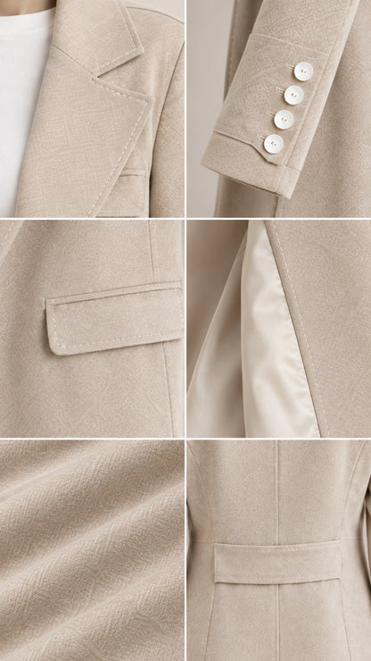 Close-up detail composite showing the lapel, buttoned cuffs, flap pocket, lining, and textured fabric