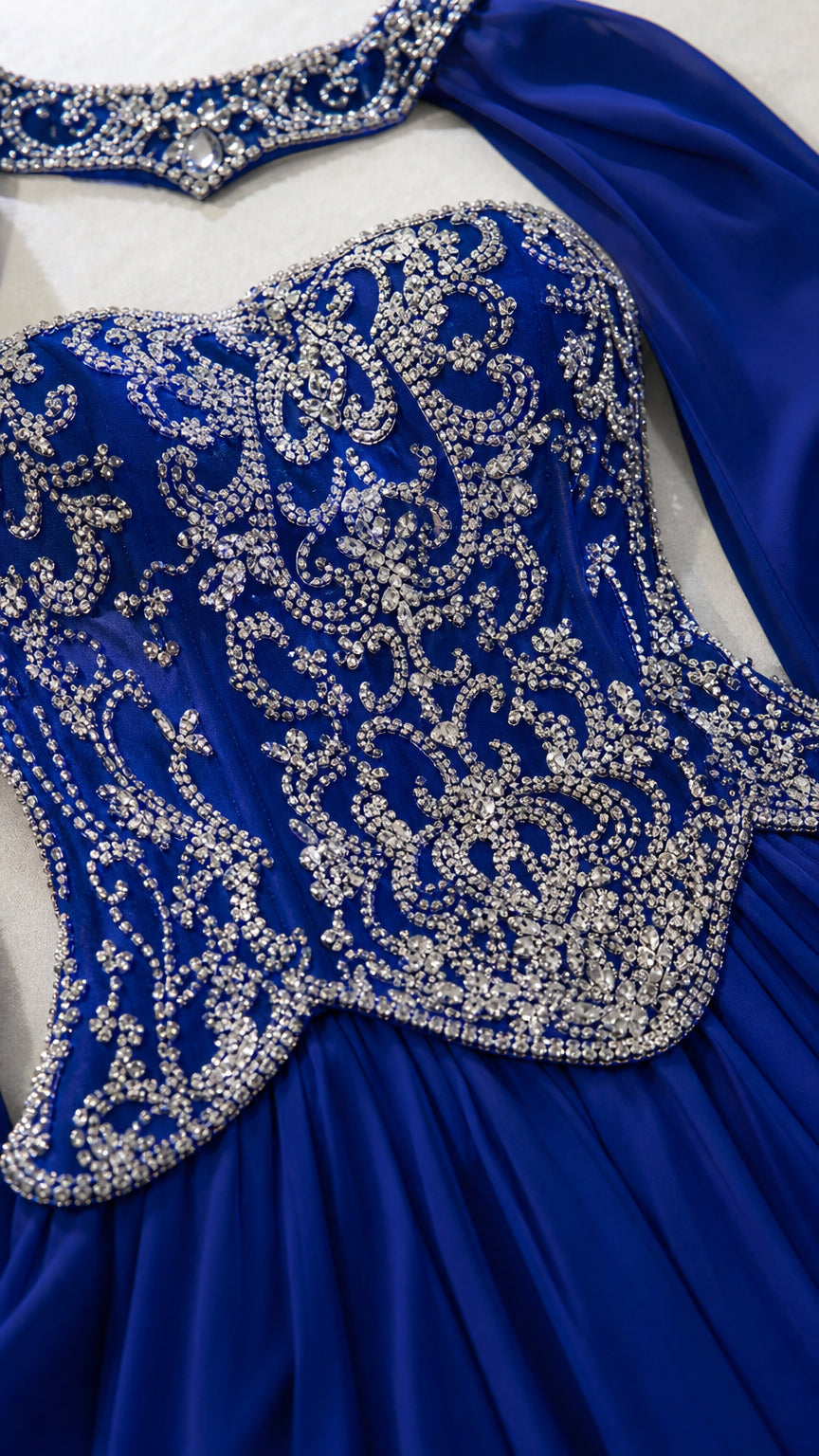 Close-up detail of intricate silver rhinestone beading on royal blue sweetheart bodice