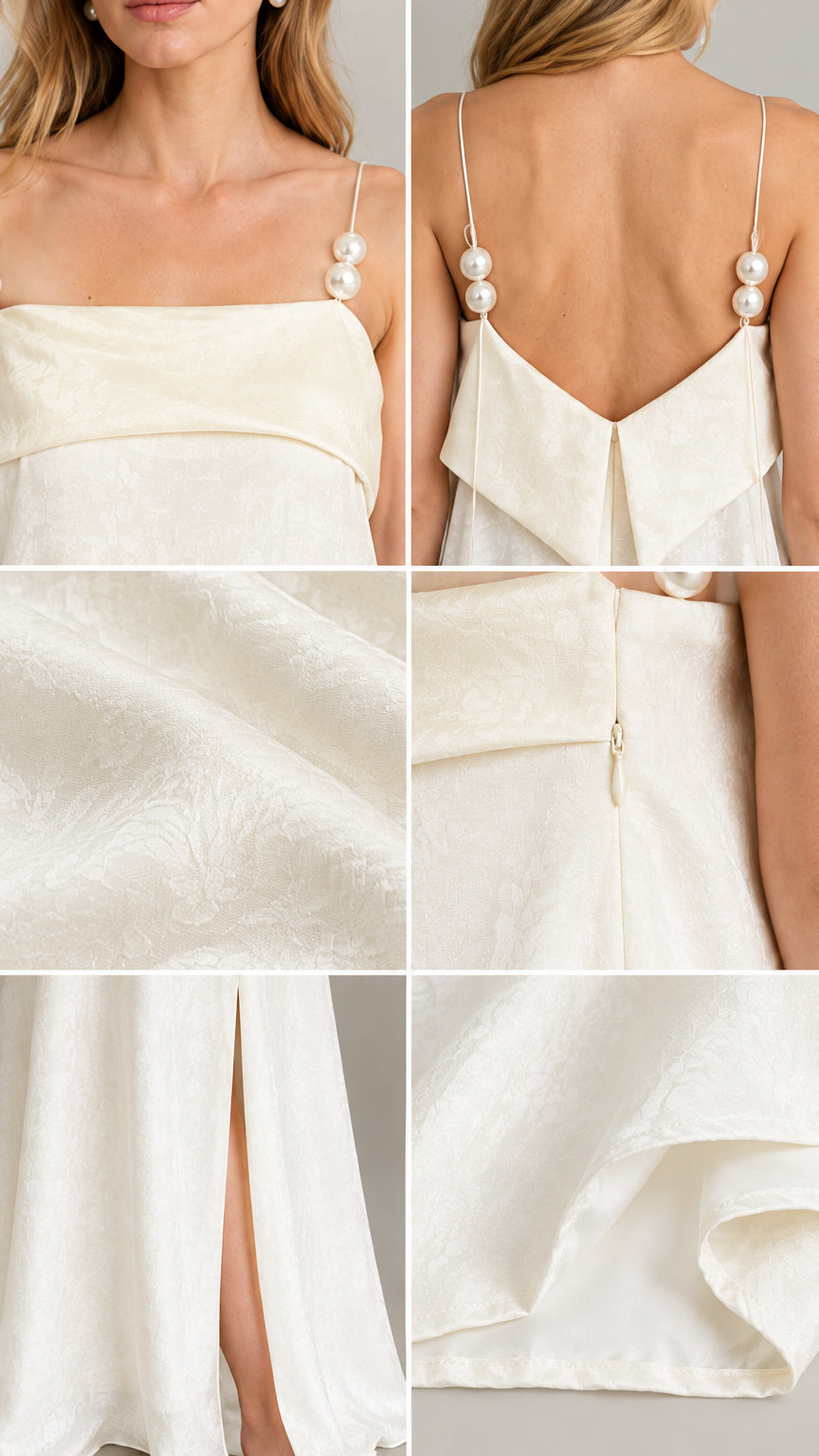 Close-up details of pearl straps, back drape, fabric texture, zipper, and slit