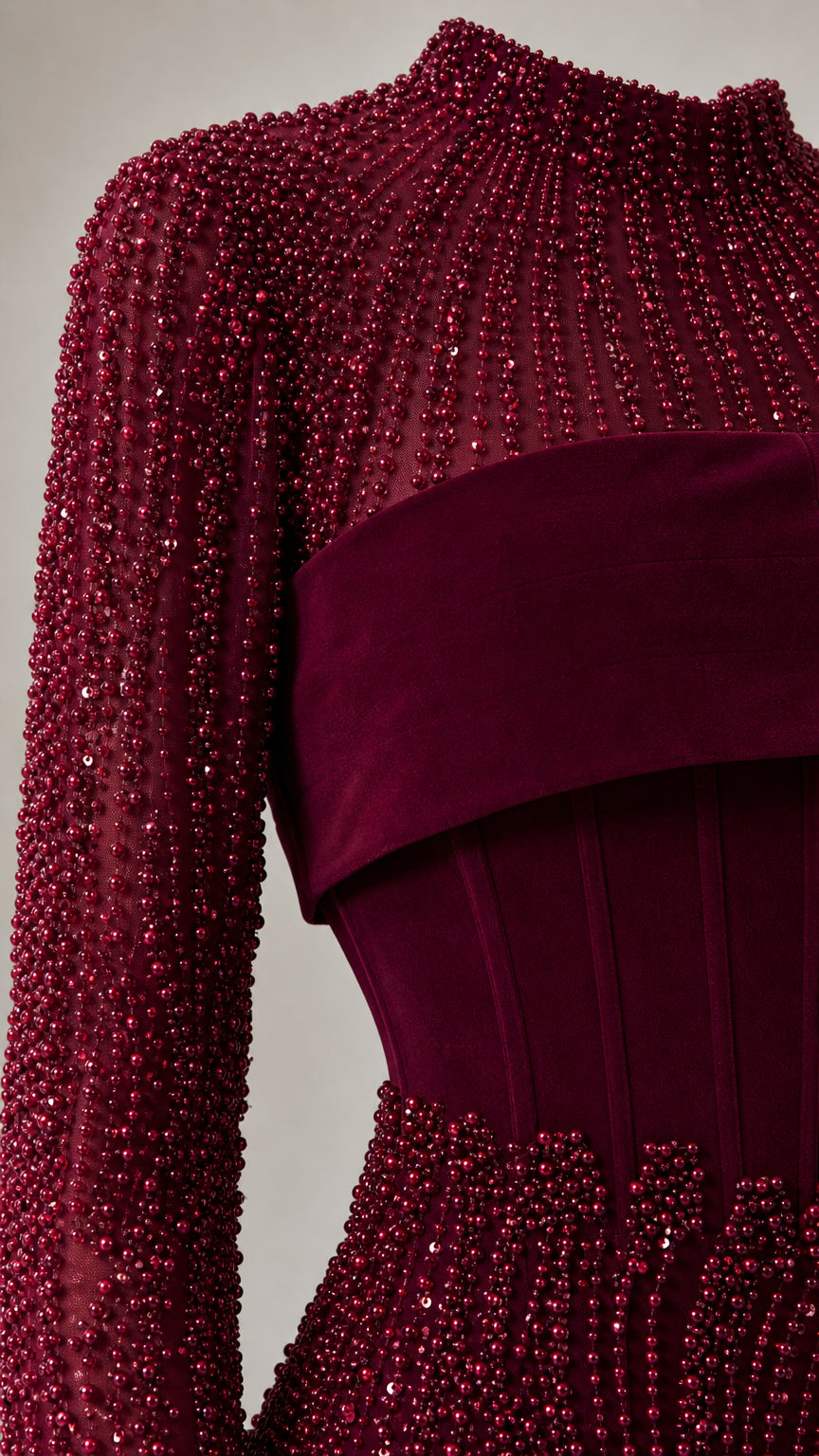 Close-up detail of burgundy beaded high neckline, sleeve texture, and corset waist panel