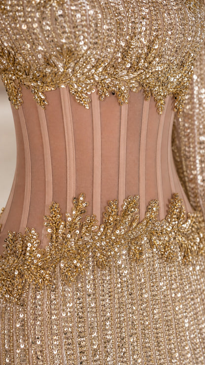 Close-up detail of illusion boned corset midriff with sequin applique embroidery
