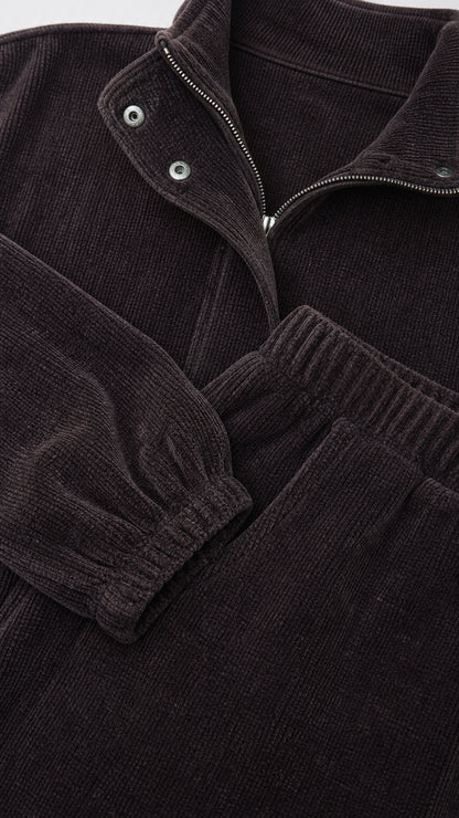 Close-up detail of Black ribbed corduroy texture, metal zipper, snap buttons, and elastic cuff