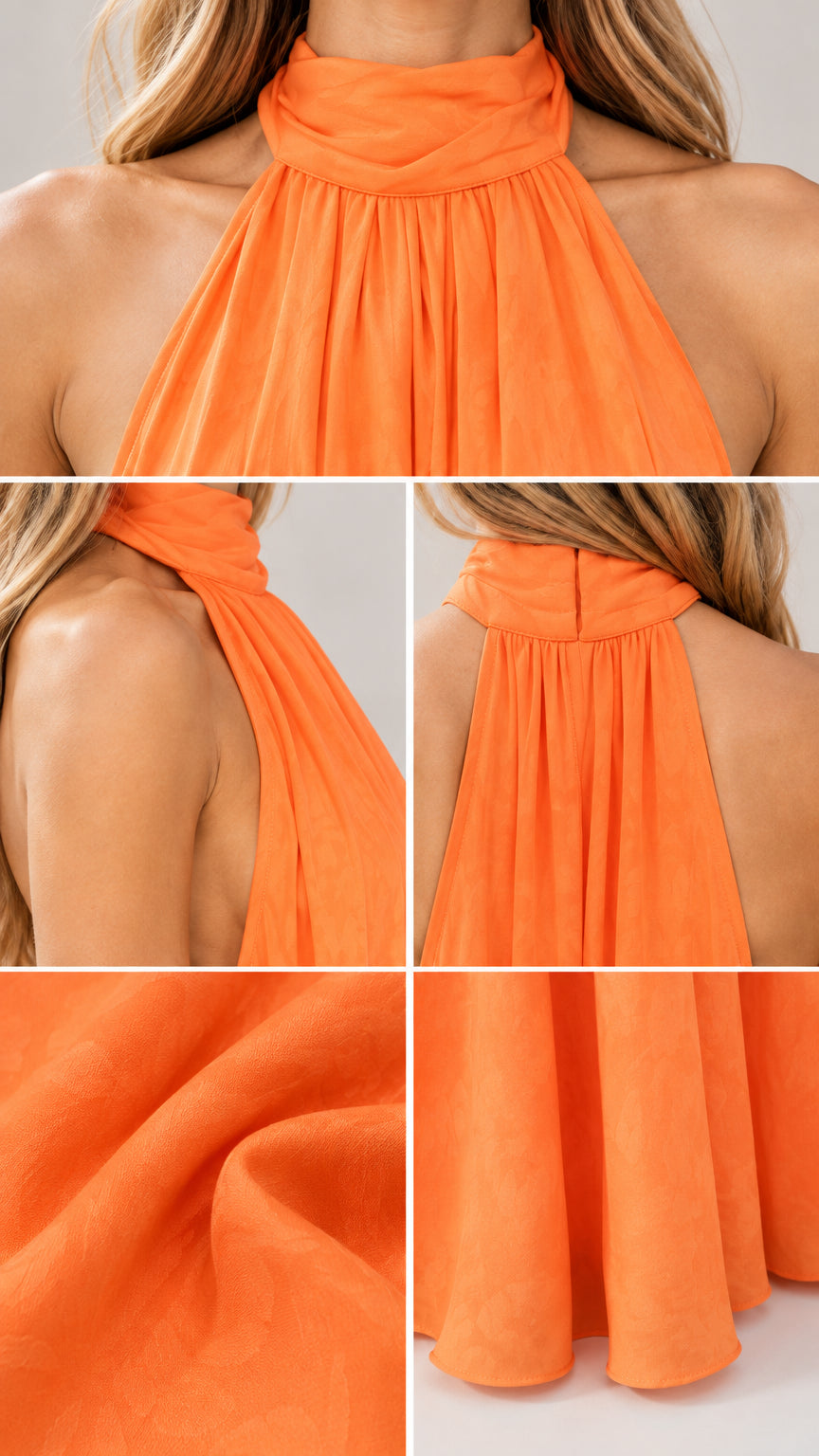 Detailed close-ups of gathered halter collar and hem of orange flowy jumpsuit