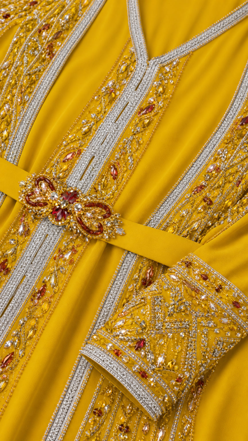 Close-up detail of intricate embroidery, beadwork, and jeweled belt on Mustard Yellow fabric