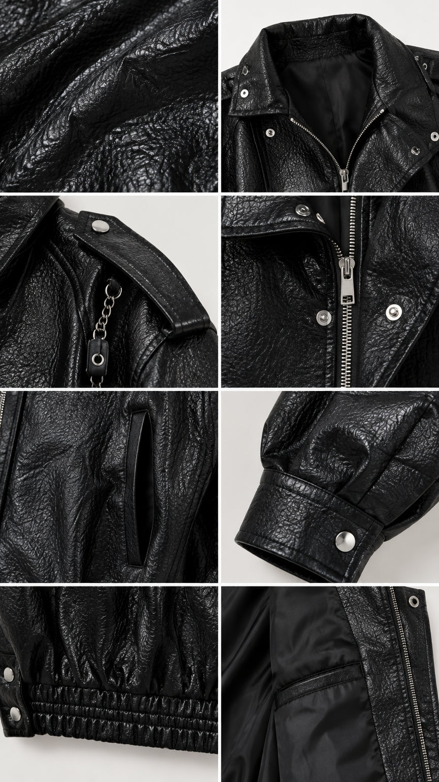 Close-up details of black faux leather texture, collar, shoulder epaulettes, zipper, and lining