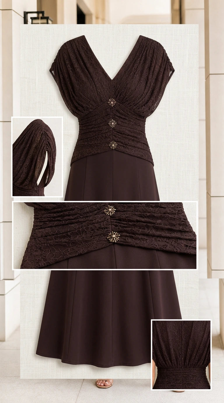 Detail flat-lay of chocolate brown dress showing ruched bodice and embellished crystal buttons