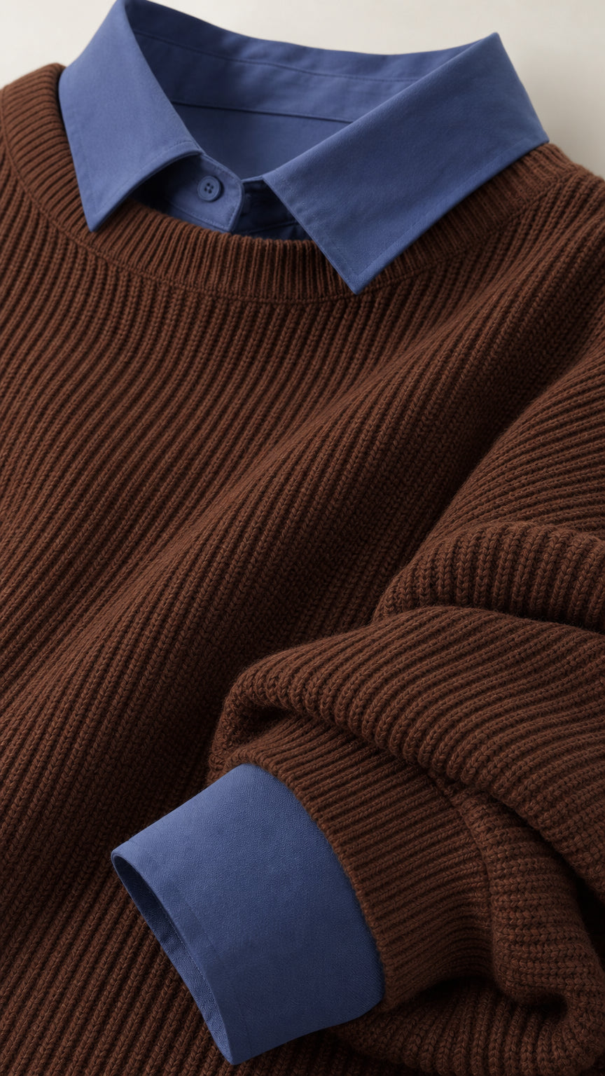 Close-up detail of brown ribbed knit sweater with blue woven collar and cuff trim